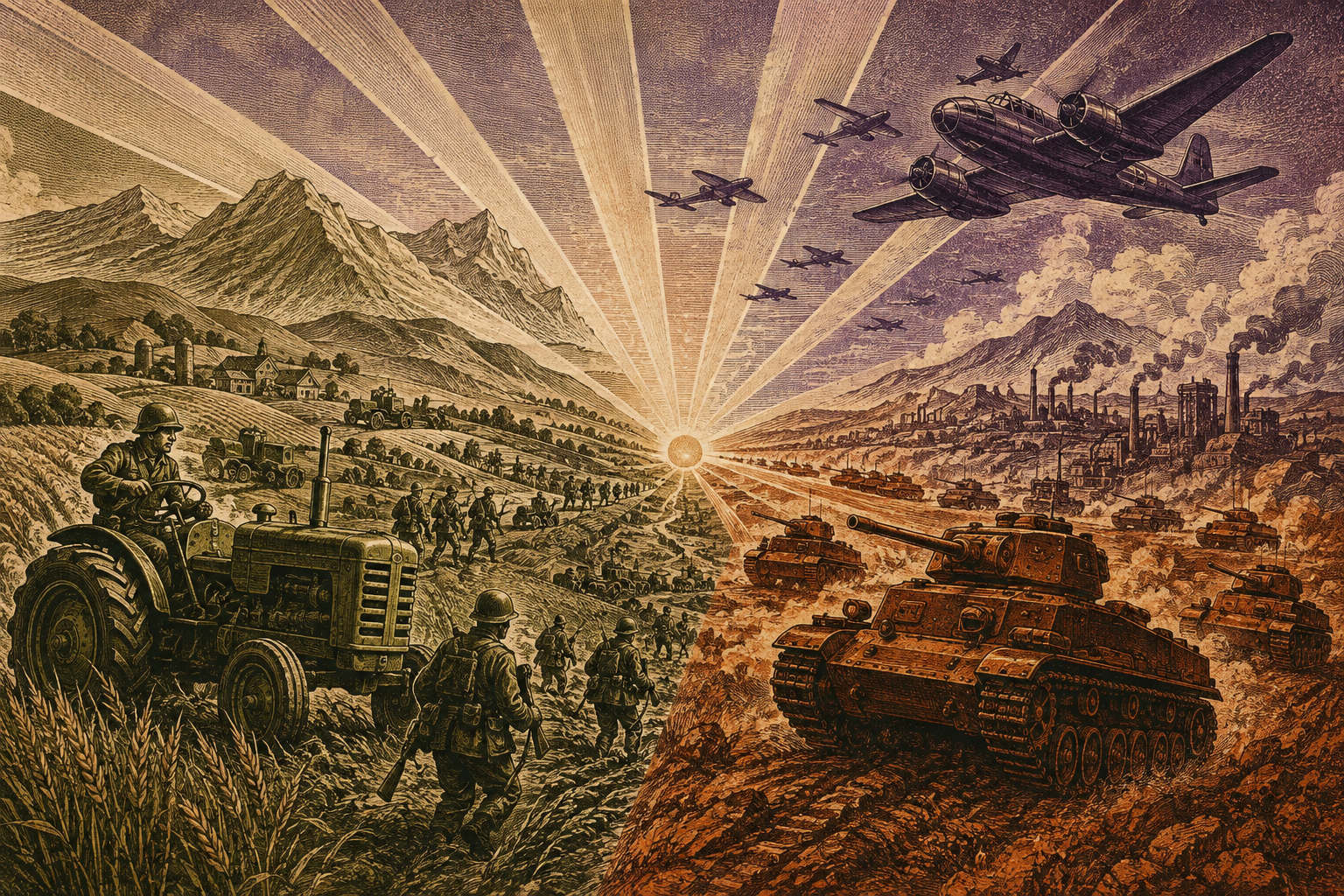 Three illustrated armies converge across farmland and mountain passes beneath a rising sun